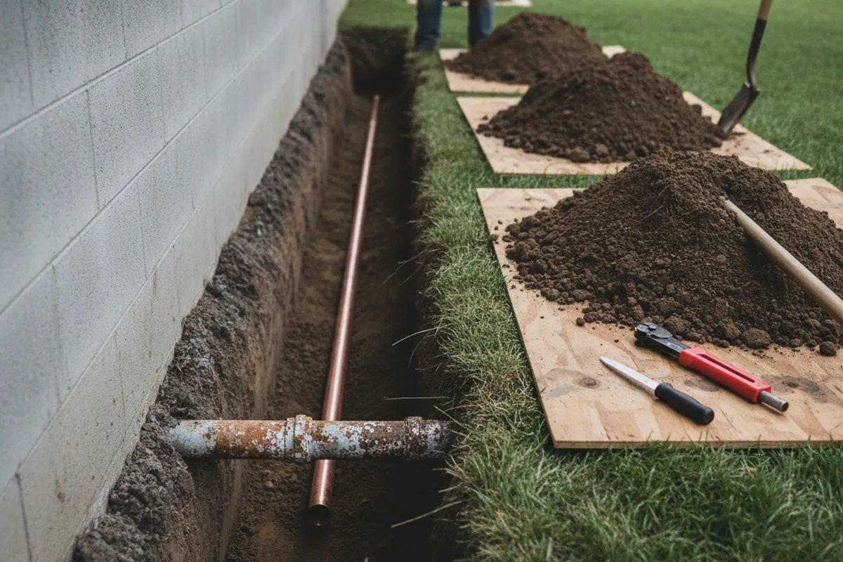 Excavated water line trench during Sewer Line Repair in Sharptown